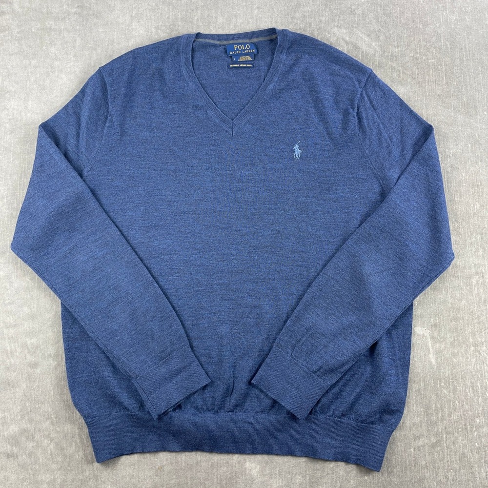 Polo Ralph Lauren Mens Large Blue Sweater Washable Merino Wool V-Neck 5730